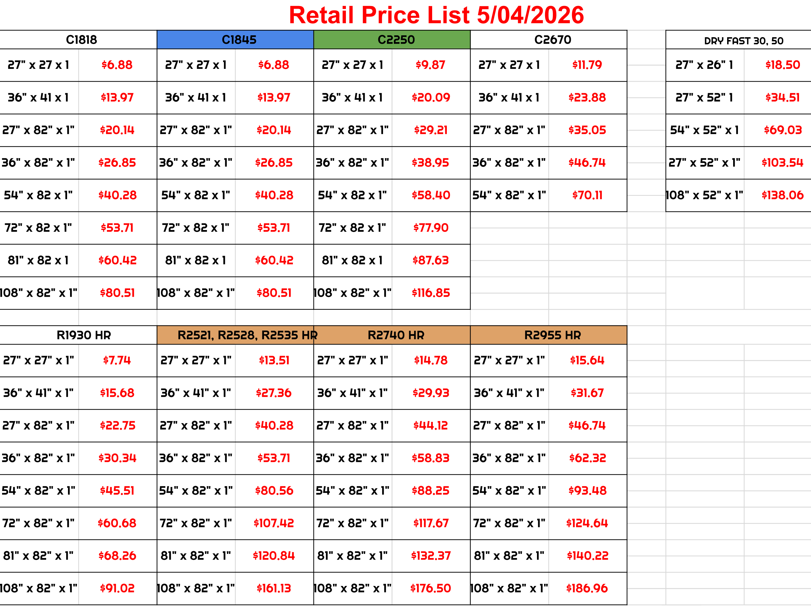 Price List 2026